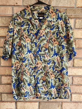 Hawaiian Flavor Brand Size Large Guitar Print Button-Up Shirt - Blue & Green